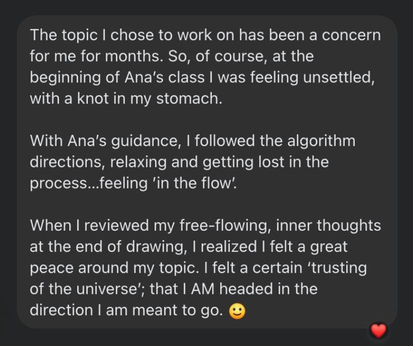 Message from a participant about feeling peace after drawing